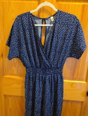 Navy Polka Dot Wrap-Front Smocked Waist Pant Suit/romper - Women
